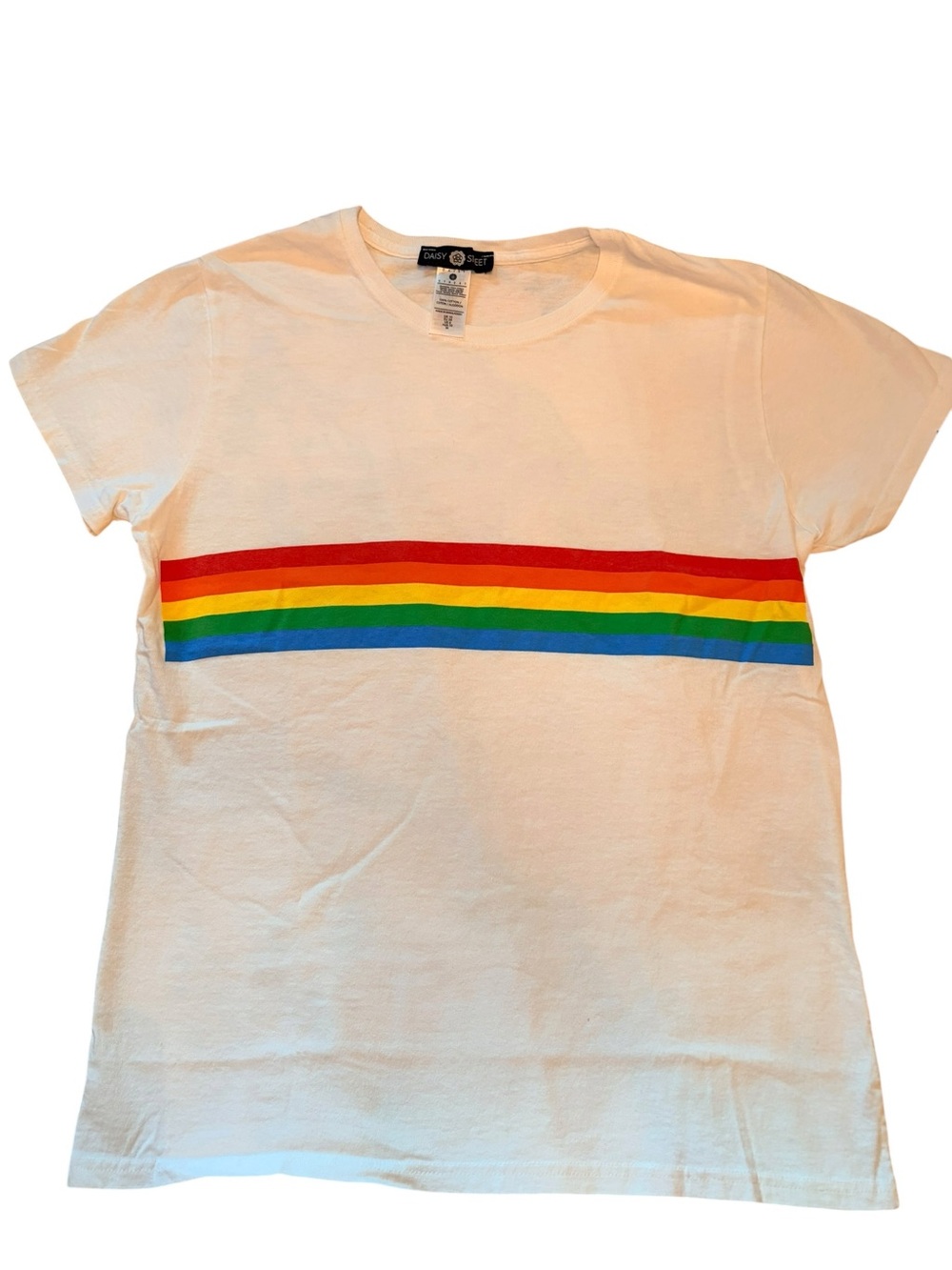 Women’s White Tee with Rainbow Chest Stripe